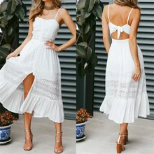 Женское белое кружевное Сплит Элегантное платье без рукавов праздничное Макси Бохо цветочное летнее пляжное вечернее платье вечерние платья