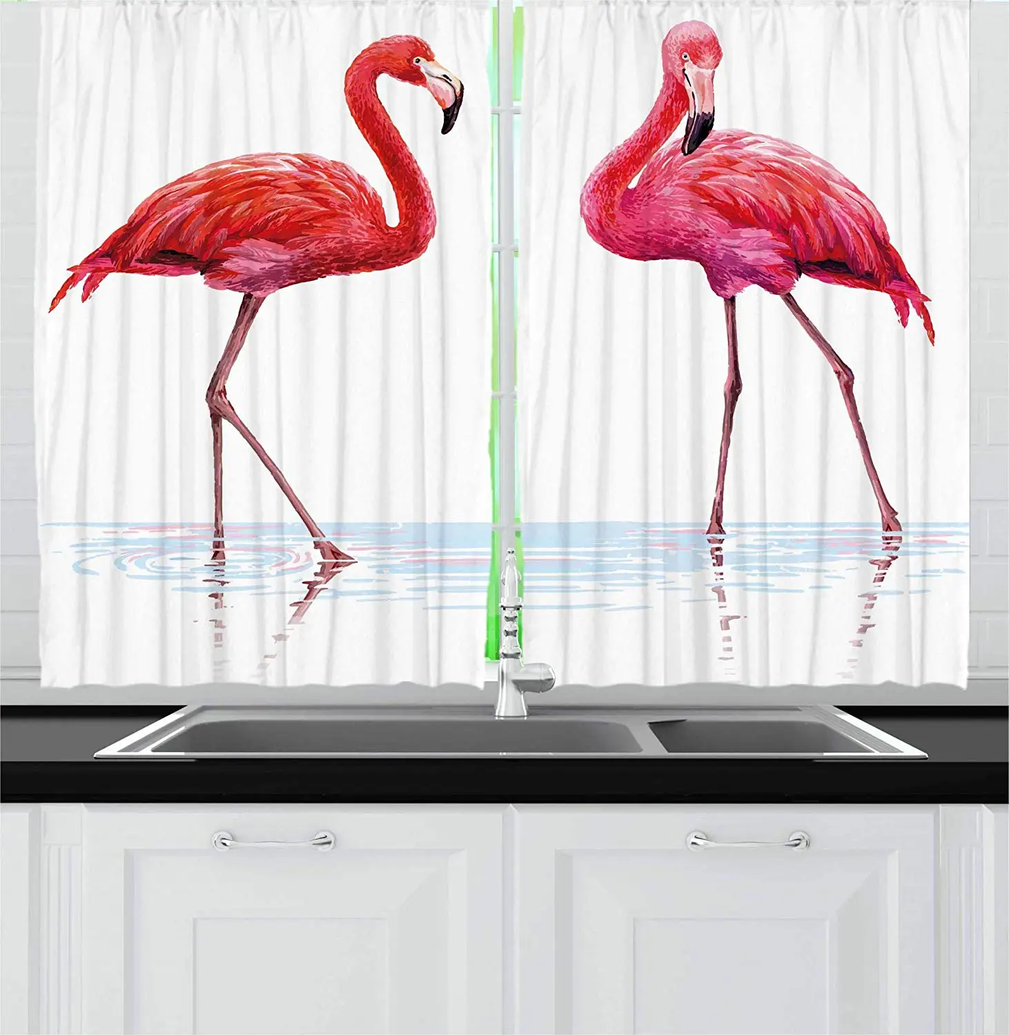 

Animal Curtains Two Hand Drawn Flamingos in Pink Colors on Seaside Tropical Wildlife Artwork Window Drapes for Living Room Decor