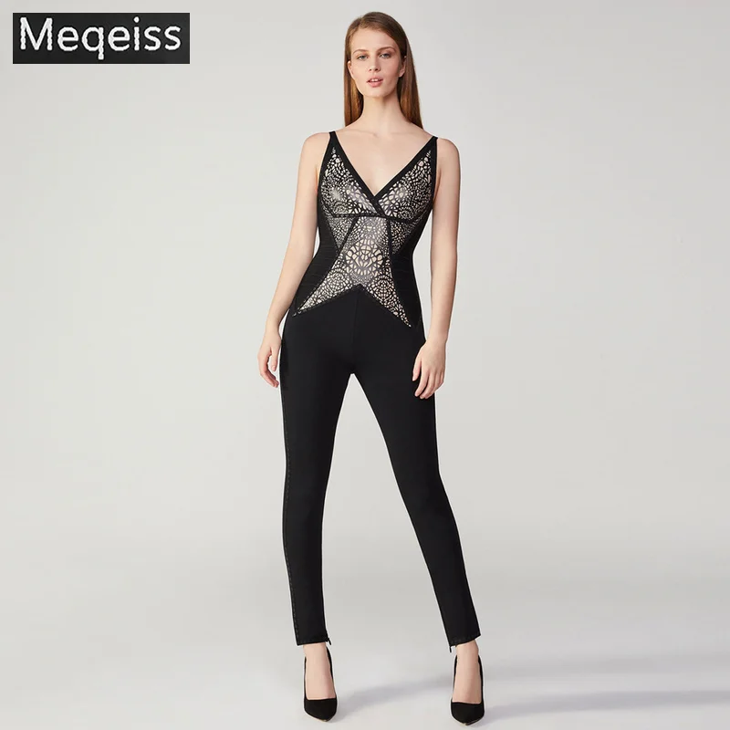 

MEQEISS 2018 New Bandage Jumpsuit Fashion Women Night Club Celebrity Party Black Bodycon Sexy Jumpsuit Autumn Winter Christmas