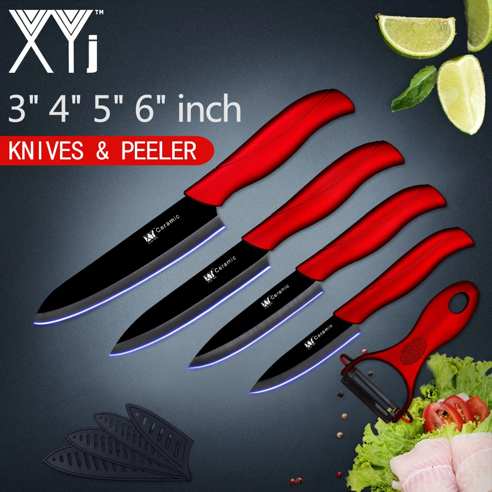 

XYj Black Blade Ceramic Kitchen Knives Sets 3 4 5 6 Inch Paring Utility Slicing Chef Knife + Ceramic Peeler Wave Handle Knives
