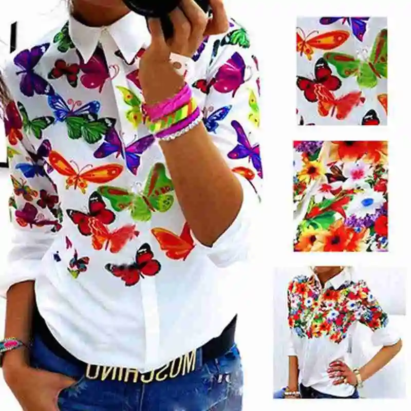 

Women Printed Flower Butterfly Loose Turn Down Collar Long Sleeve Casual Shirt Tops Fashion Blouse