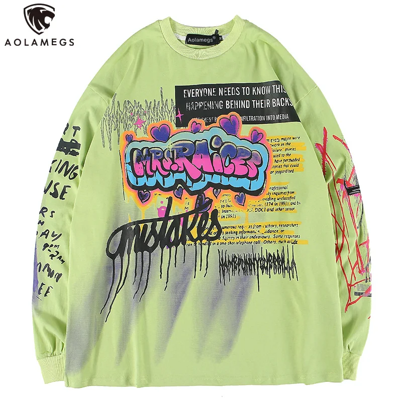 

Aolamegs Sweatshirt Men Letter Cool Print O-Neck Pullover Hip Hop Style Men Tracksuit Advanced High Street Autumn Streetwear