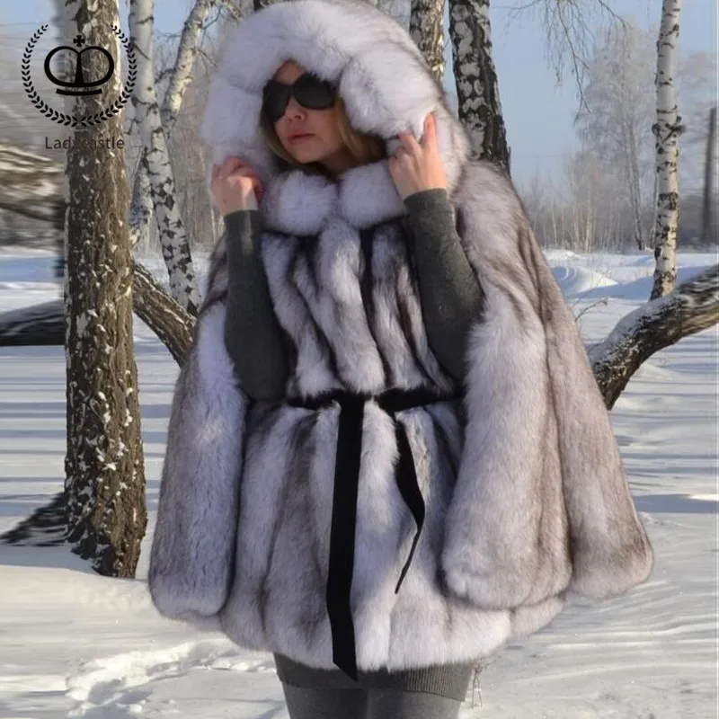 

2018 New Real Fox Fur Coats Genuine Sliver Fox Fur Thick Female Jacket With Hood Fashion Short Winter Women Real Fur Cape FC-163