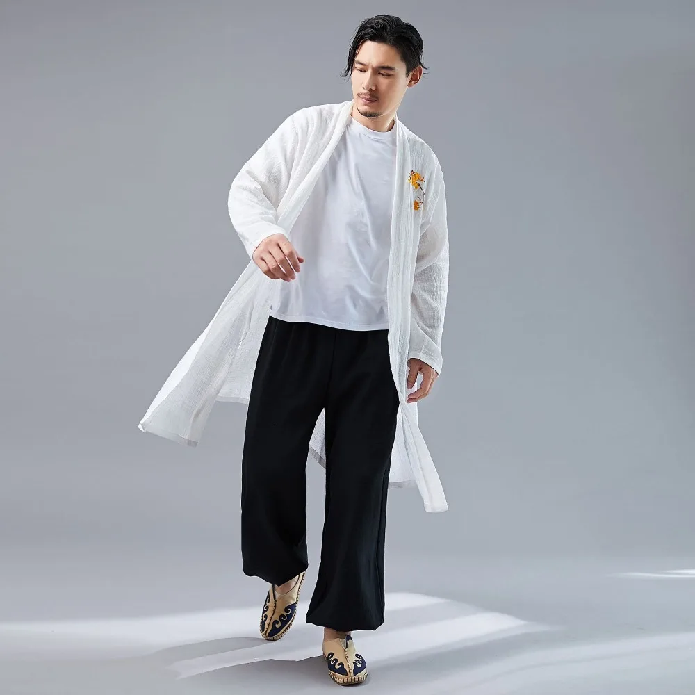 LZJN 2019 Casual Long Sleeve Shirt Summer Men's Vintage Embroidery Kimono Cardigan Cotton Linen Cloak Poncho Open Front Coat (4)