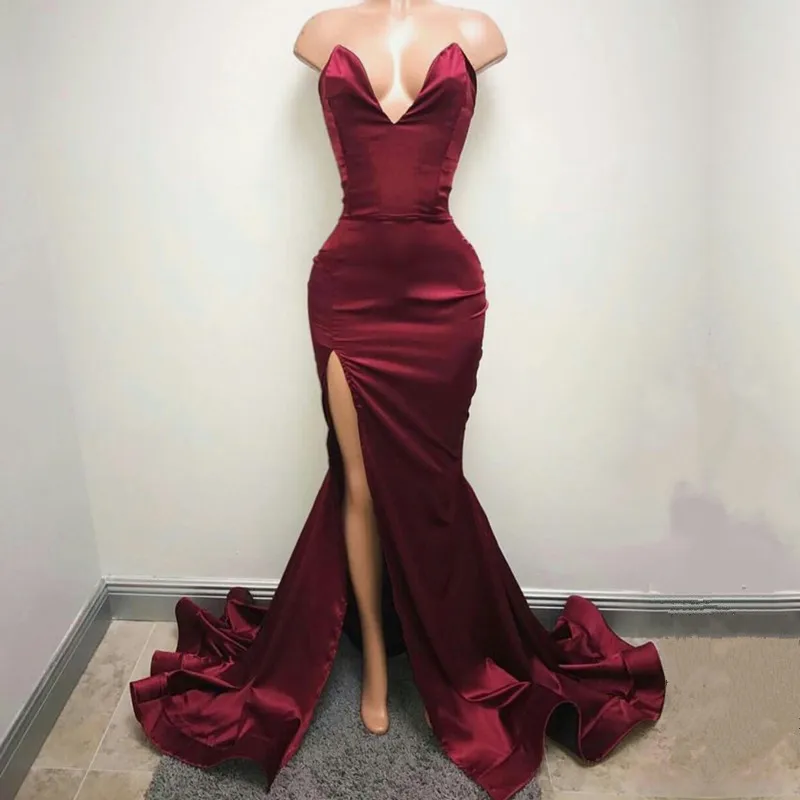 Deep V Neck Leg Slit Long Satin Burgundy Prom Mermaid Dresses 2017 Sexy ...