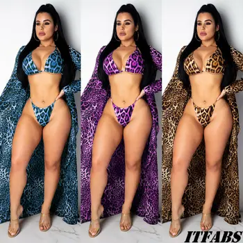 

Women Leopard Print Bikini Swimsuit Swimwear with Bikini Cover Up Kaftan Sarong Bikini Beach Swimwear Cover Up Candigan Suit