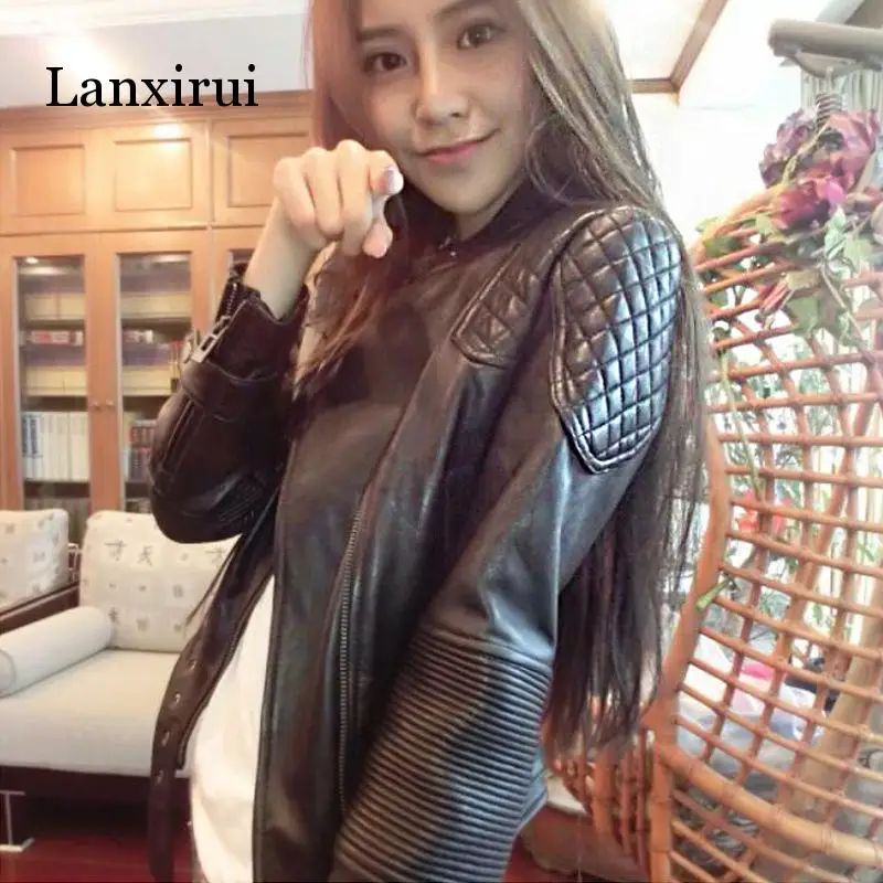 

Womens Pu Leather Short Slim Jackets Spring And Autumn Large Size Motorcycle Jacket Black Small Female Leather Coats