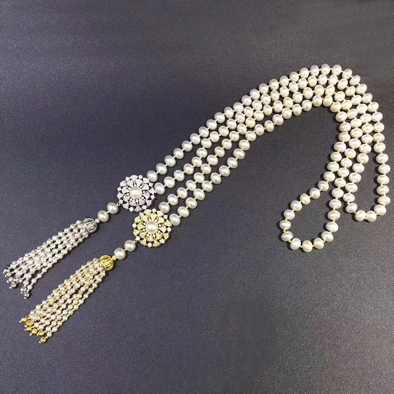 Sinya Tassels fashion Sweater chain Natural pearls Strand long necklace for Women Mum lover gold or white gold color optional  (10)