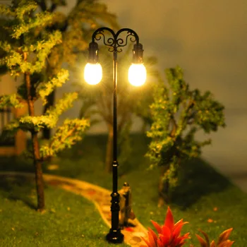 5pcs OO HO N Scale Lamp Post Two-heads Street Lights Model Railway LEDs Warm White LQS72