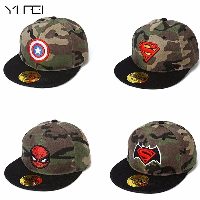 Капитан Америка камуфляж кепки в стиле хип-хоп Дети Супермен головной убор Бэтмена Алмаз Snapback для детей шляпа от солнца звезда Кепка
