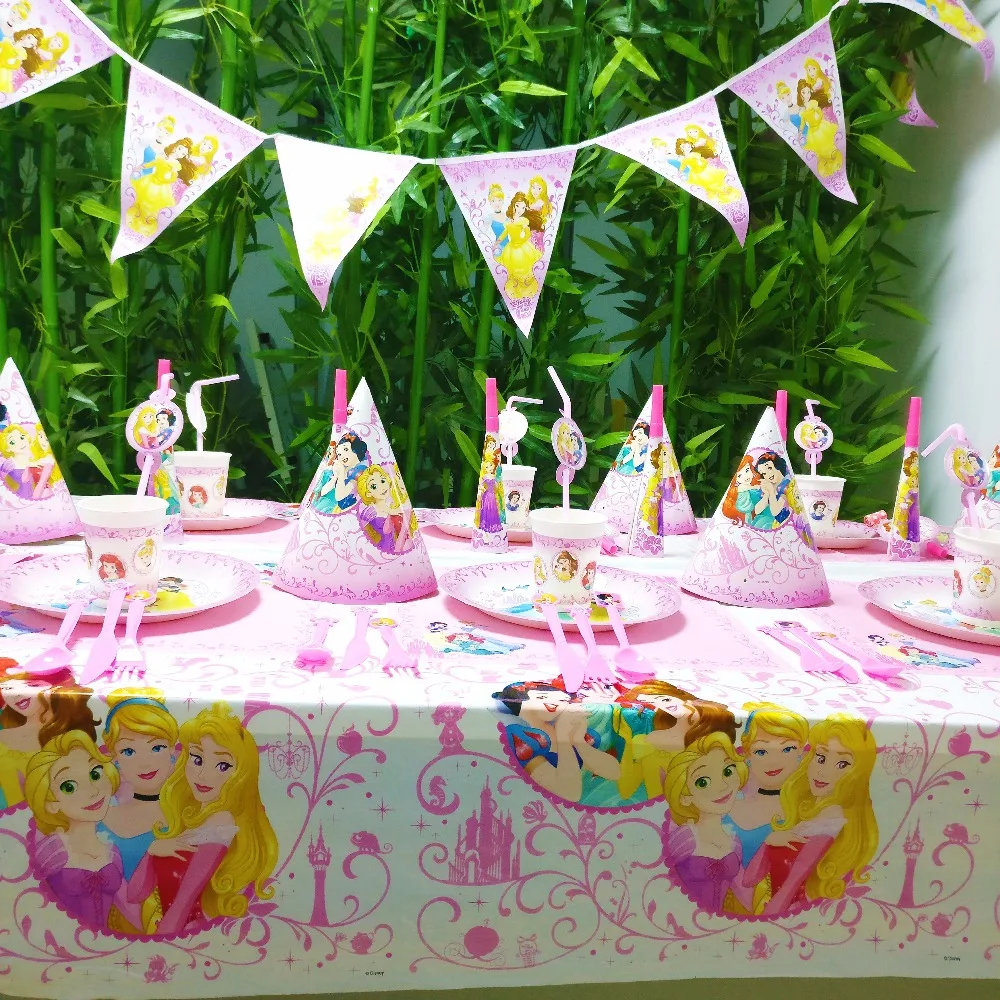 

Three Priness Kid Birthday Party Decoration Set Party Supplies Cup Plate Banner Hat Straw Loot Bag fork Disposable Tableware Set