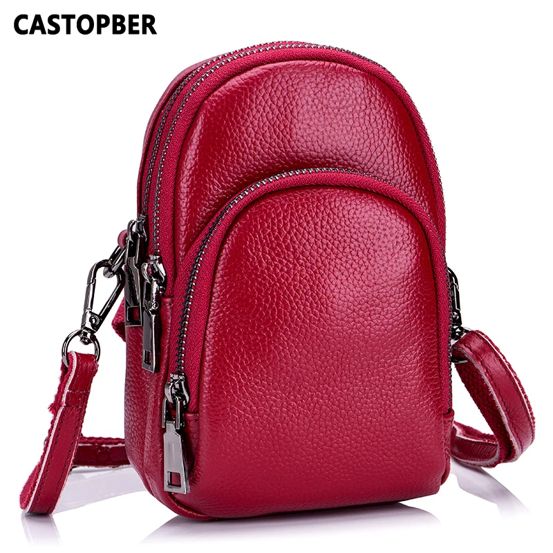 Women Messenger Bags Genuine Leather Handbag 3 Zipper Ladies Crossbody Mini Cell Phone Purse Cow ...