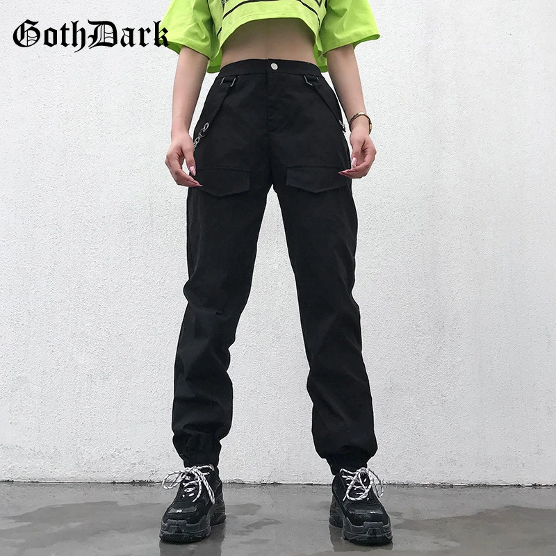 Goth Dark Solid Black Punk Gothic Female Pants Streetwear Patchwork Chain Pockets Autumn 2019 Trousers For Women Fahion Casual Goth Dark Solid Black Punk Gothic Female Pants Streetwear Patchwork Chain Pockets Autumn 2019 Trousers For Women Fahion Casual
