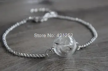 

8pcs/lot REAL DANDELION bracelet- delicate blown glass lense with real dandelion seeds in Silver and silver chain.