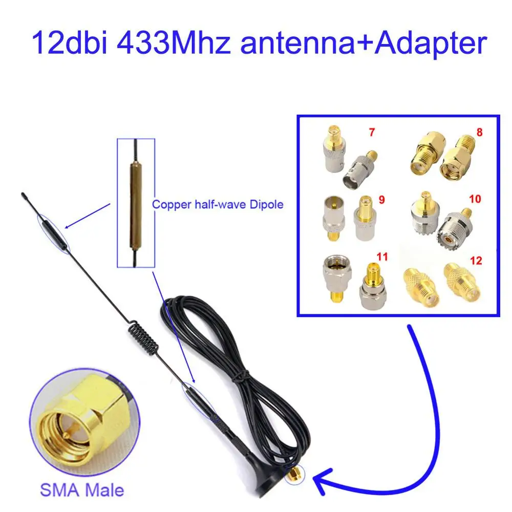 Усилитель сигнала GSM 12dbi SMA Male с антенной 433 МГц + переходник female к BNC TV UHF F male