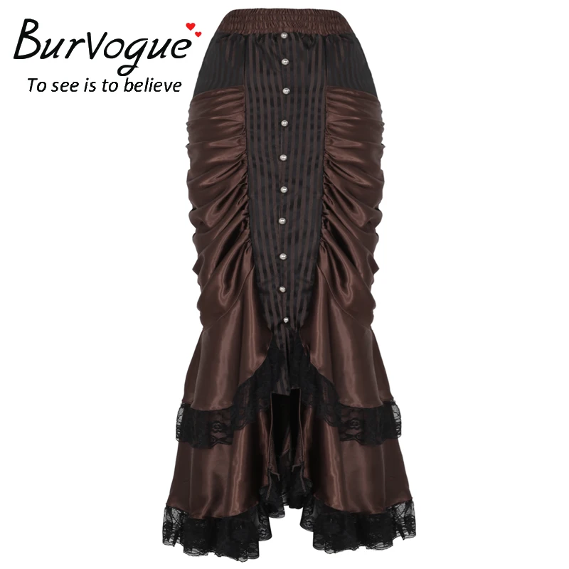 

Burvogue Women's Brown Gothic Steampunk Long Maxi Skirt Victorian Vintage Sexy Party Ruffled Satin Skirts Plus Size