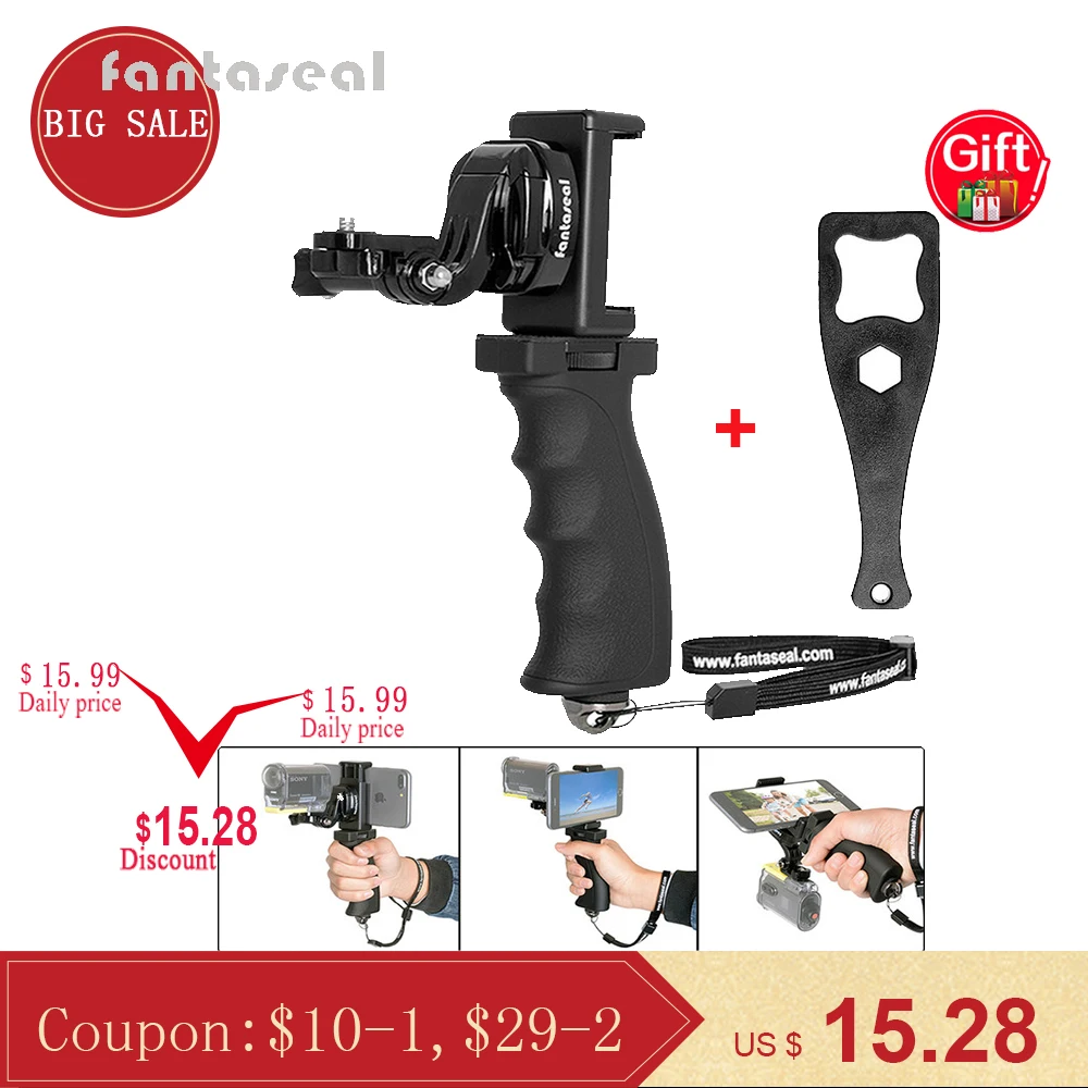 

Fantaseal Ergonomic Action Camera Hand Grip Mount w/ Smartphone Clip for GoPro Grip Sony Stabilizer for Xiaomi Yi SJCAM Holder