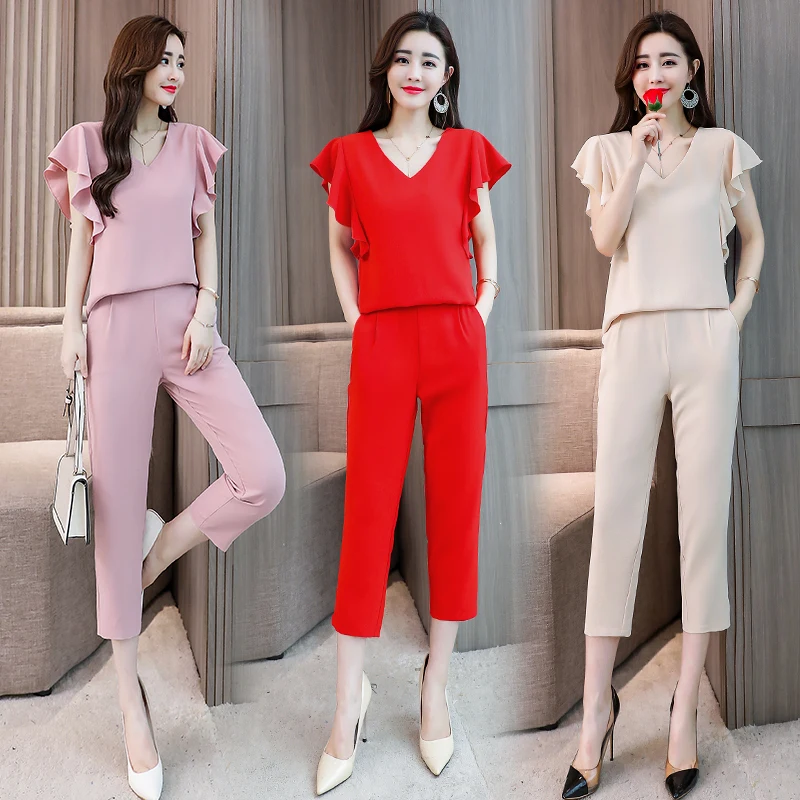

2019 Summer solid Suits Women two Piece Sets Korean style sweet girls petal sleeve tops shirt and Pants trousers sets