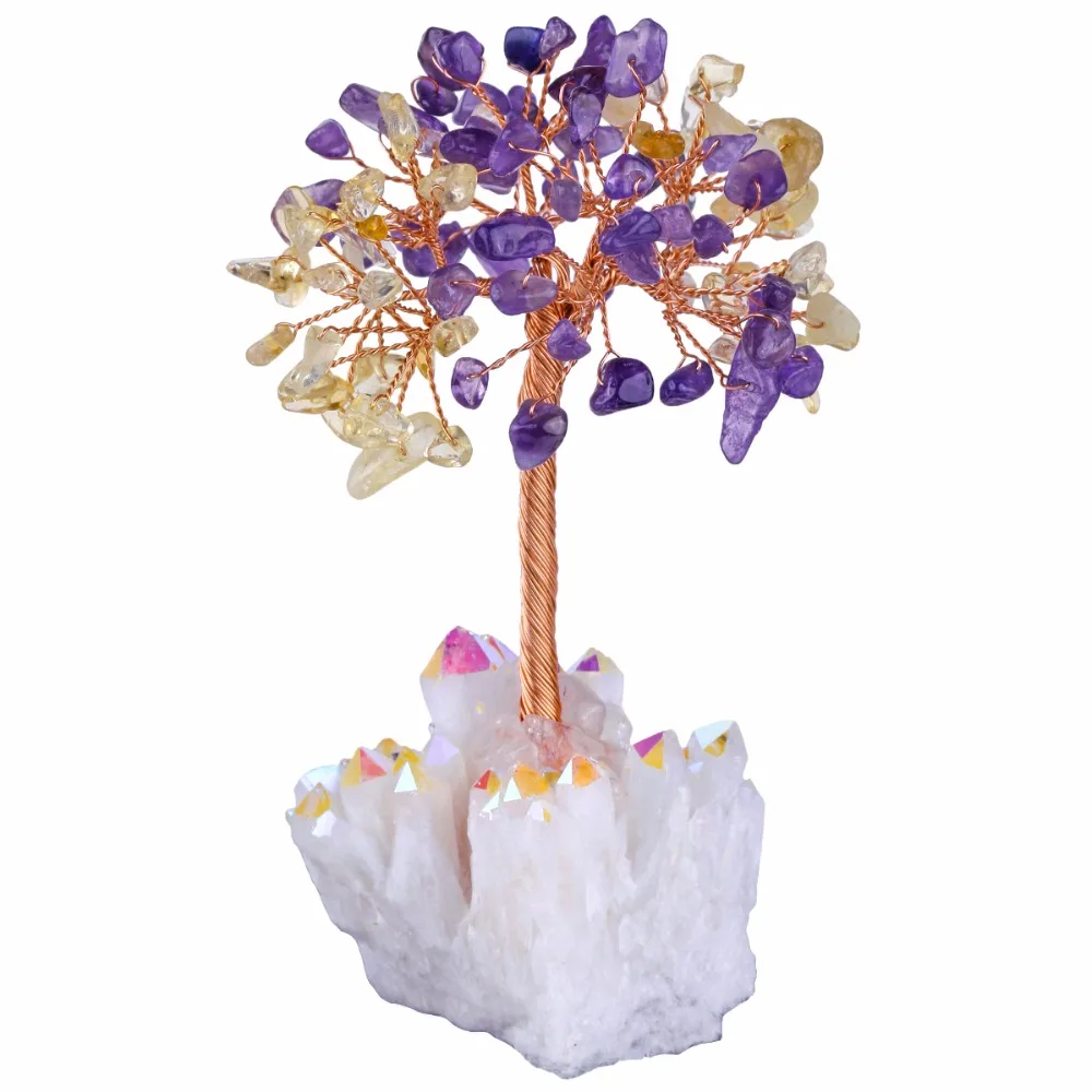 TUMBEELLUWA 4''Natural Rock Quartz Money Tree, аура с титановым покрытием кристалл кластера база бонсай Скульптура фигурка для фэн шуй