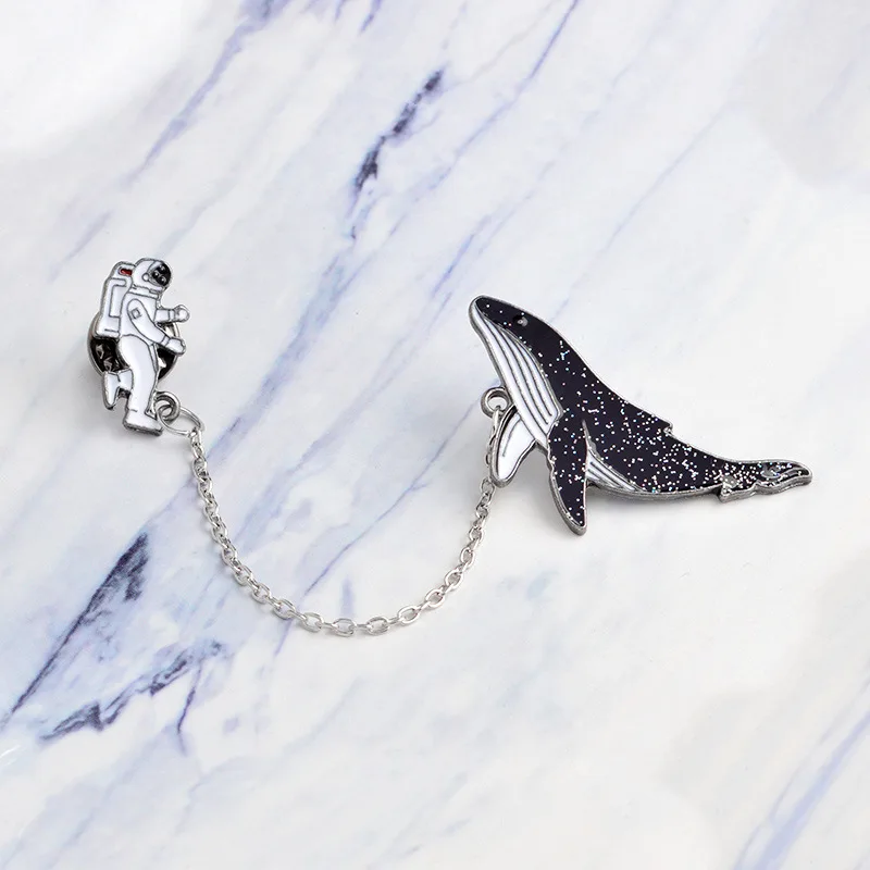 

Cute Cartoon Animal Whales Space Astronaut Brooch Lovely Rabbit Black Enamel Pin Button Chain Denim Coat Pins Badge Jewelry Gift