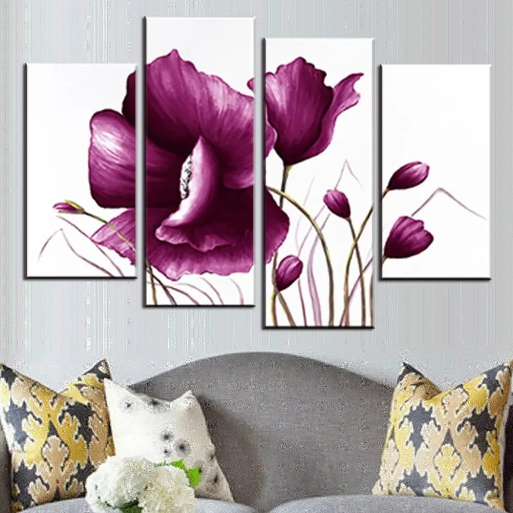 4 Pieces Plum Purple Combined Flower Canvas Wall Art Picture Modern