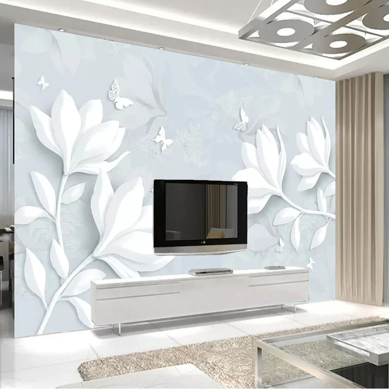 На заказ любой размер настенная бумага современный простой белый рельеф Магнолия бабочка фото обои Гостиная Спальня 3D домашний декор