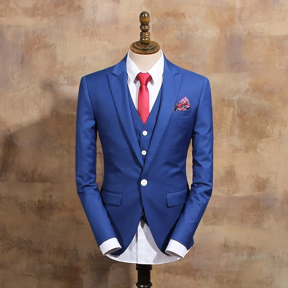

2017Custom Made Royal Bule Men Groom Tuxedos Notch Lapel Groomsmen Men Wedding Suits ( jacket+Pants+vest+tie)