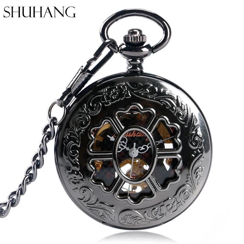 

SHUHANG New Mechanical Pocket Watches for Men Women Beautiful Flower Stylish Watch Luxury Pendant Vintage Black