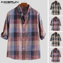 INCERUN, мужская рубашка, многоцветная, в клетку, с 3/4 рукавом, на пуговицах, с отворотом, на шее, топы, модные, деловые, повседневные, брендовые рубашки, Мужская одежда, Camisa