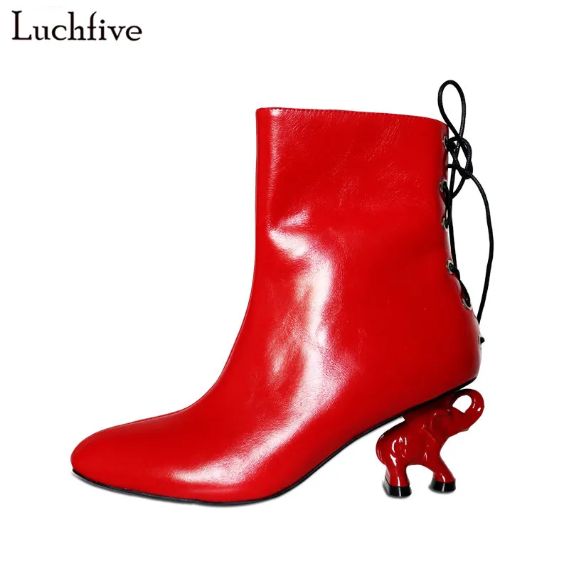 

2018 New Fashion Red Designer Elephant high Heels Women Ankle Boots Genuine Leather Back Lace Up High Heel Botas Mujer
