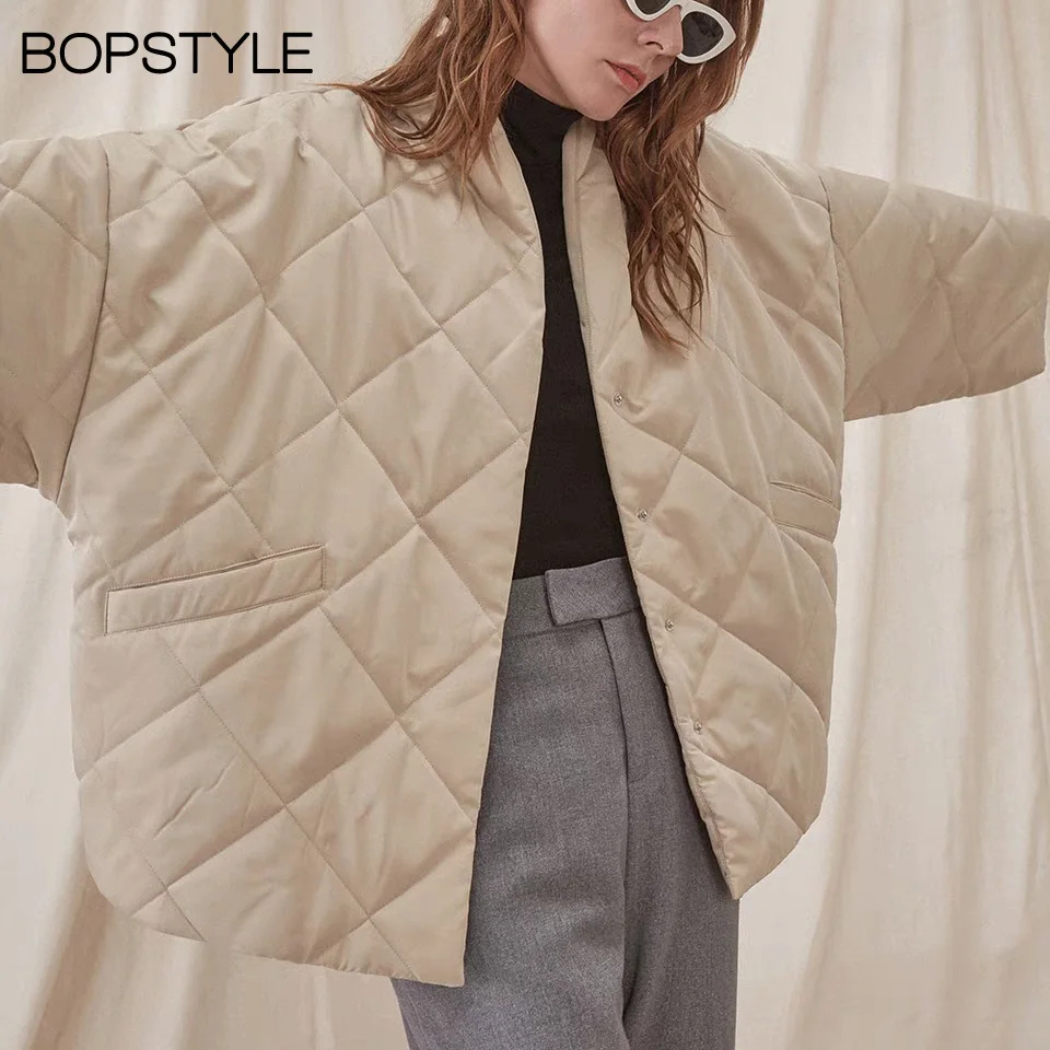 

2018 Ladies Oversized Drop Shoulder Quilted Rhombus Loose Cotton Wadded Jacket With Wide Cropped Sleeves & Voluminous Silhouette