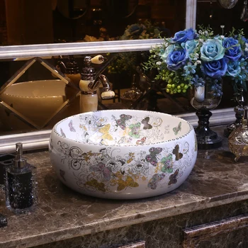 

Europe Style Porcelain China Handmade butterfly painted Art Lavobo Lavatory Bathroom Sink Wash Basin porcelain sink 