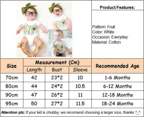 Hot Cute 0-24M Newborn Baby Clothes with Avocado Girls Boys Body Baby Romper Cotton Cartoon Jumpsuit Playsuit Summer Outfits