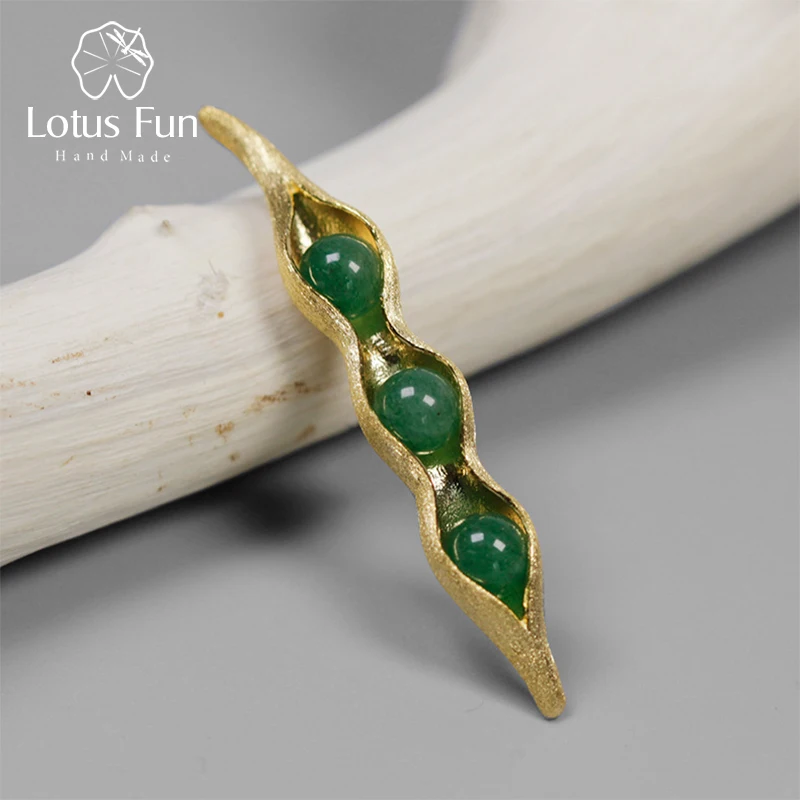 

Lotus Fun Real 925 Sterling Silver Handmade Fine Jewelry Natural Green Stones Creative Pea Pods Design Brooches for Women