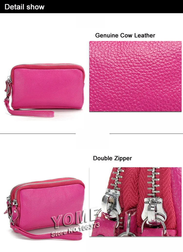 Genuine Leather Women Coin Purse Double Zipper Mobile Bag Lady Clutch Wristlet Bags, easy for carry clutches, Wholesale