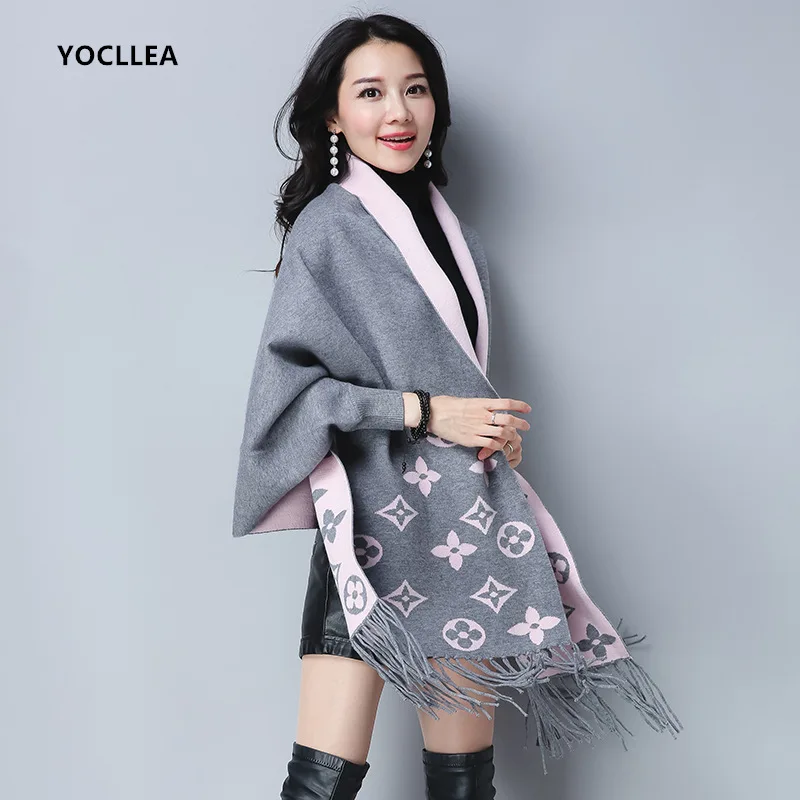 

Autumn Capes Coat Winter Ponchos for Women Chinese style Jacquard knitted Tassel Open stitch Wool Coat female Scarf Tops coats