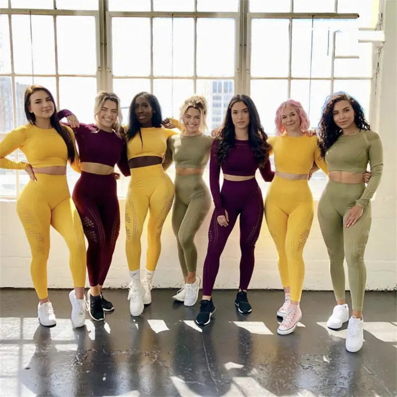 En Ligne 2 pièces ensemble femmes évider ensembles d entraînement Fitness Gym vêtements de haute qualité offre spéciale tenue de Sport impeccable sans couture Sport costume