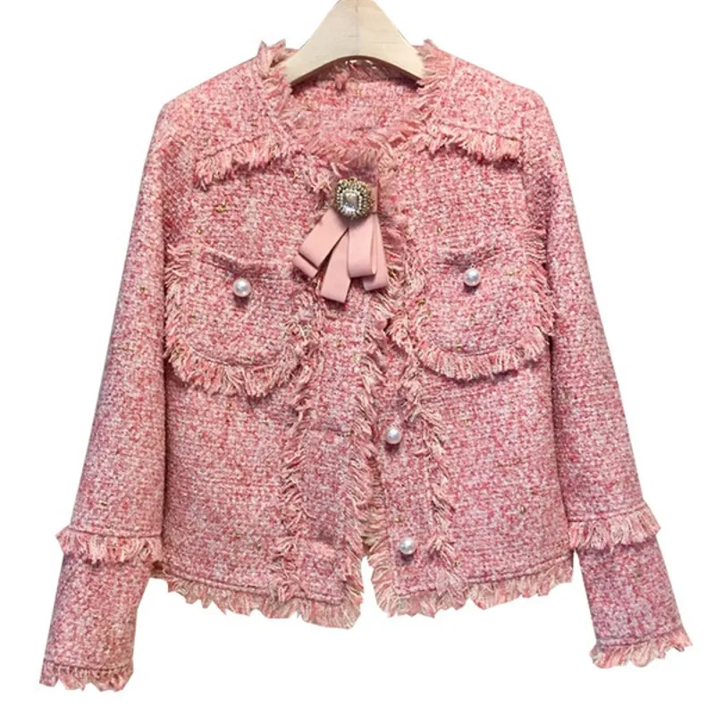 

2019 New Runway Fashion Autumn winter Tweed Jacket Coat Pearls Buttons Short Jackets Women Pockets Tassel Slim Ladies' Outwear