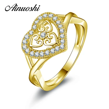 

AINUOSHI 14K Solid Yellow Gold Heart Halo Ring Twisted Band SONA Simulated Diamond Women Engagement Wedding Hollow Flower Ring