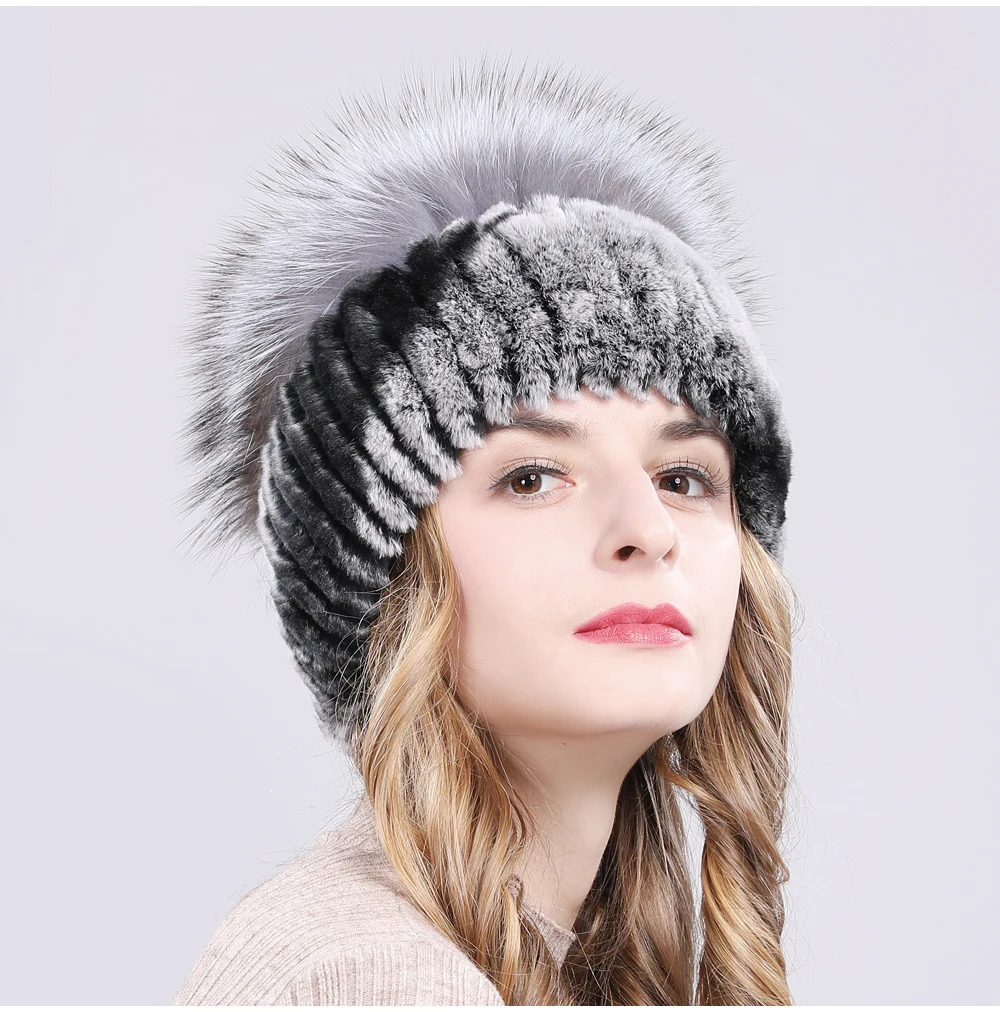 Outdoor Women Warm Soft Genuine Rex Rabbit Fur Hat Knitted Natural Real Sliver Fox Fur Caps Winter Real Rabbit Fur Beanies Hats