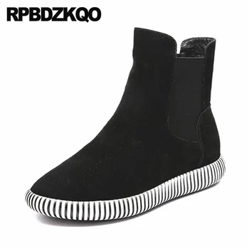 

ankle slip on black flat suede comfortable winter casual shoes sneakers women boots 2018 round toe chelsea fur booties short
