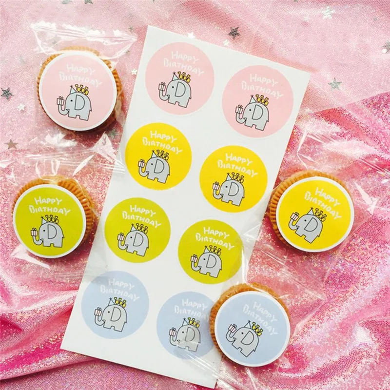 

80pcs Happy Birthday Sealing Stickers Cute Elephant Biscuits Gift Box Cake Label Hand Made Gift Kid's Birthday Party Stickers