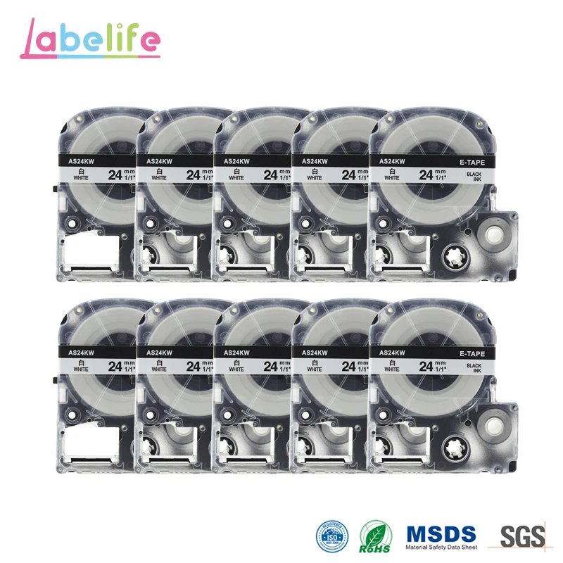 Labelife 10 Pack SS24K Label Maker Tape 24mm Black On White Cartridge