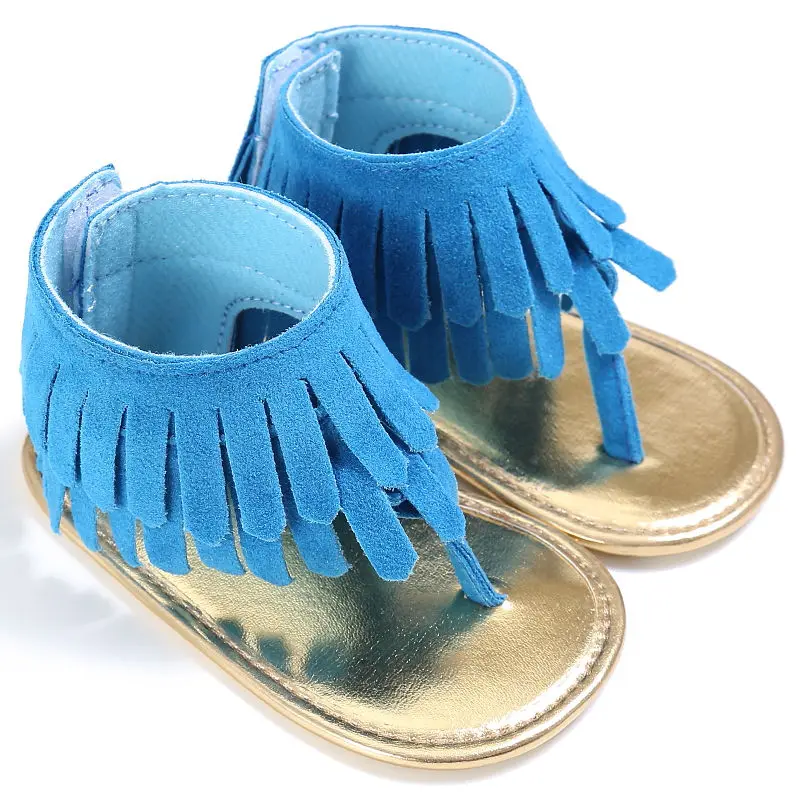 Новые летние сандалии из кожанные сандалии из замши для новорожденных, Т-образный стиль, двойные Мокасины с бахромой для малышей, мягкая подошва, противоскользящая детская обувь для маленьких девочек