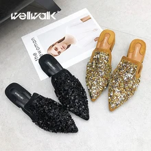 Fashion Ladies Slippers Women Pointed Toe Shoes Heel Slides Designer Mules Shoes Blings Metal Decoration Slippers sungtin vintage floral embroidery slippers women mules shoes sexy crystal pointed toe slides spring summer velvet slippers