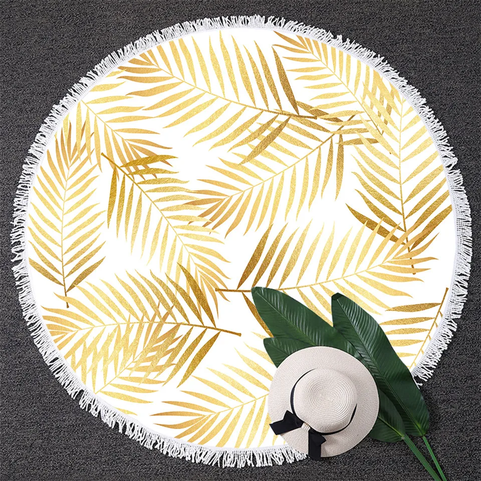 

BlessLiving Modern Palm Leaf Round Beach Towel Tropical Floral Botanic Large Towel Golden White Black Blanket With Tassel 150cm