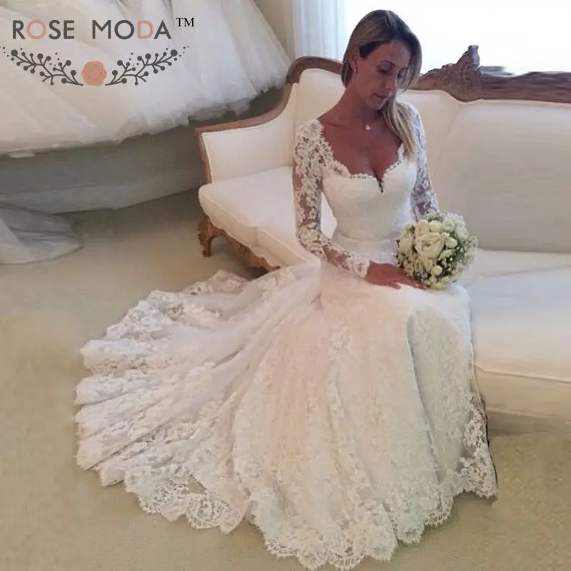 

Rose Moda Long Sleeves Lace Mermaid Wedding Dress Illusion Back Bridal Gown Vestidos de Noiva