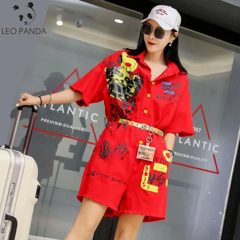 

Plus Size Streetwear Summer Jeans Jumpsuit Women Fashion Graffiti Print Denim Rompers Short Sleeves Sashes Playsuits Overalls