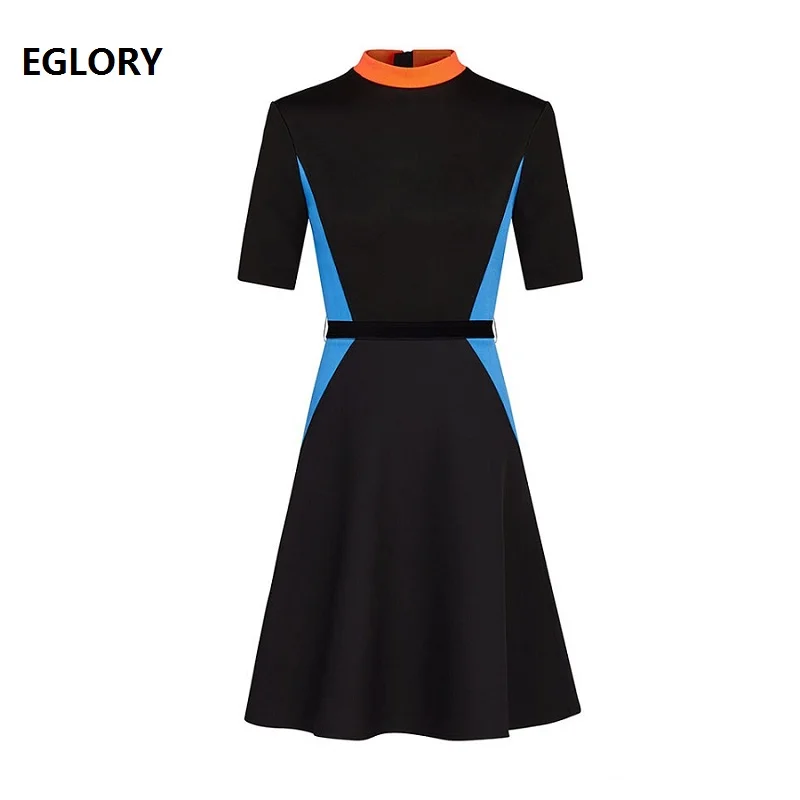 

High Quality Work Dress 2019 Summer Fashion Office Lady Stand Neck Color Block Patchwork Short Sleeve Slim Fitted Zipper Dress