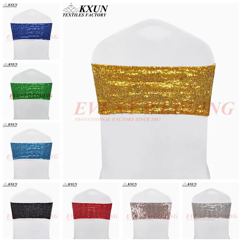 

25PCS Lot Spandex Lycra Sequin Chair Band Sash Elastic Stretch Glitter Chair Cover Bow Ties Hotel Party Wedding Decoration